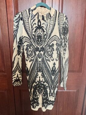 Main Strip Beige Dress with Black Sequin Pattern